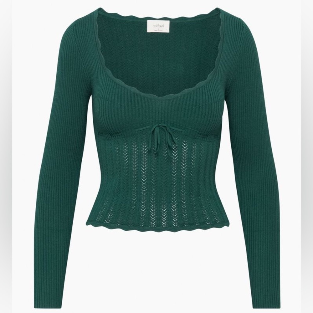 Aritzia Wilfred Soloist Top Emerald Forest Green Ribbed Tie Front Size XL